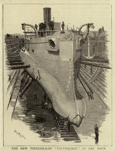 Das neue Torpedo-Rammschiff Polyphemus im Trockendock von William Lionel Wyllie